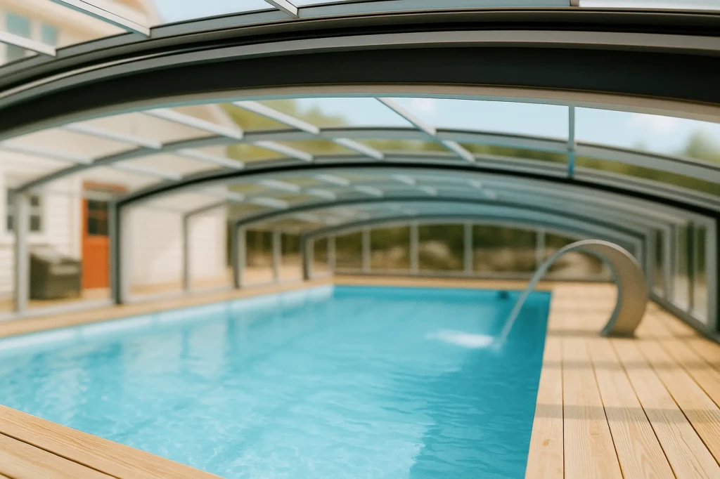 Inuti ett Carat pooltak där man ser ett vattenfall inuti