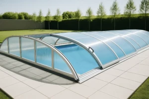 Vårt låga pooltak Flair monterat över en fin pool med marksten runt poolen och pooltaket