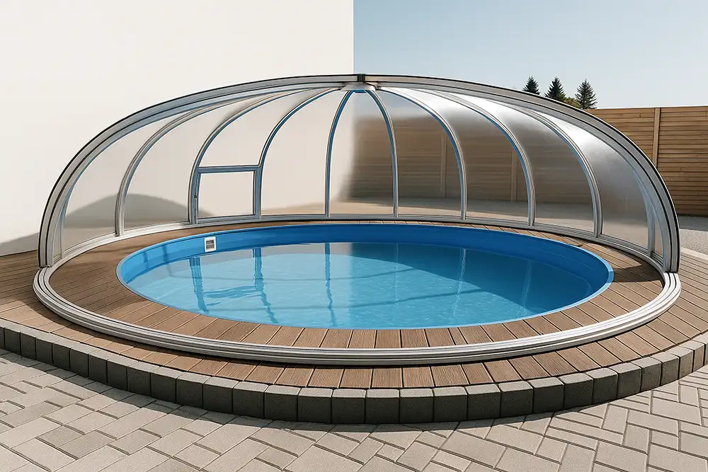 På denna bild ser man ett runt pooltak som är halvt öppet, redo för badning