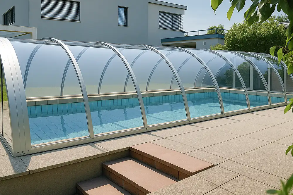 På denna bilder ser vi ett helt stängt pooltak Vario som inte har skjutbara delar, dra upp sektionen och bada