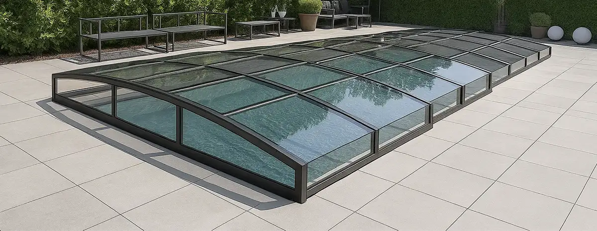 Bild på det lägsta pooltaket utfällt över en pool, Carat SF, som ger fri sikt | SvenskaPooltak® Göteborg