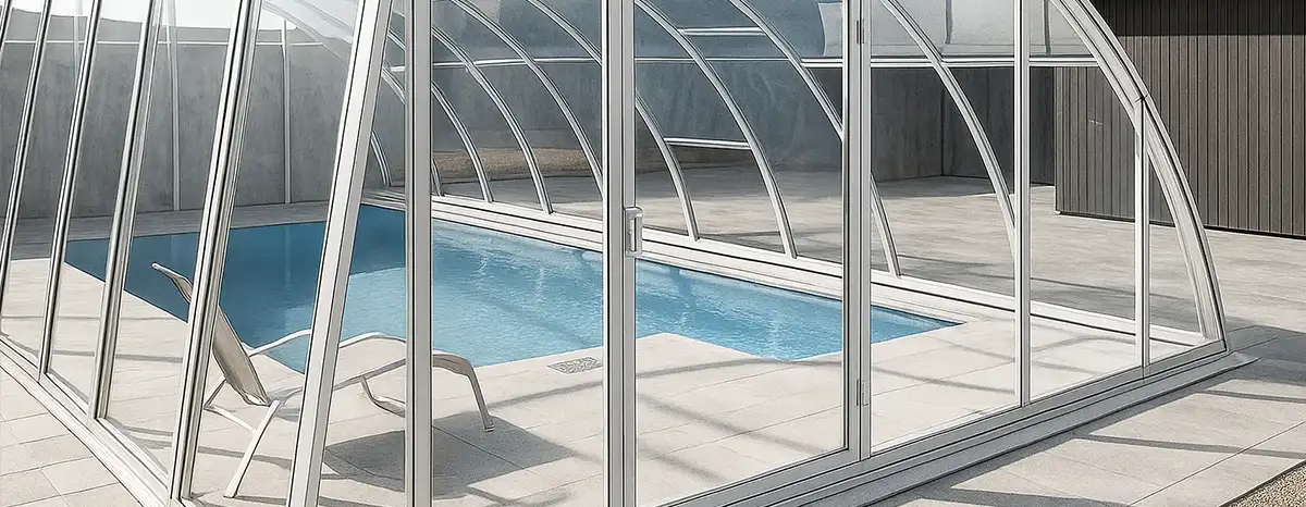Ett rymligt pooltak Excellent som är fixerat mot stenplattor med gott om utrymme