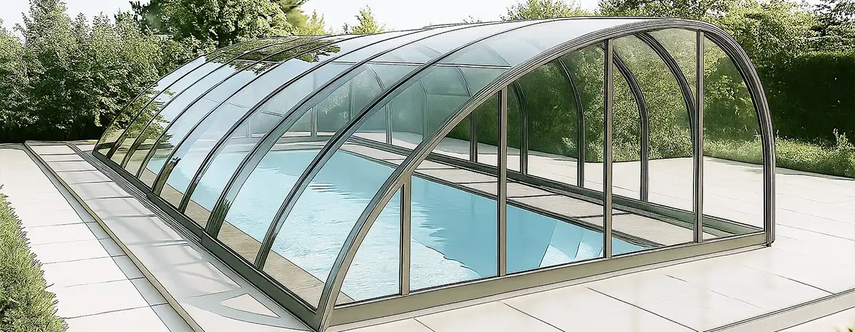 Bild på ett smart pooltak som heter Exclusiv och är högt med skjutbara paneler
