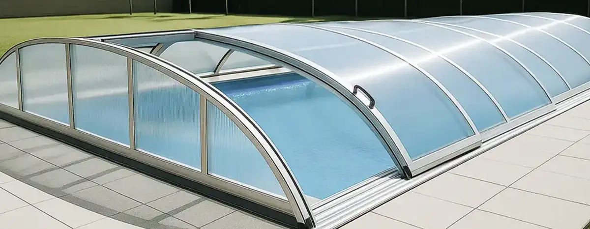 Ett lågt pooltak Flair förankrat i klinker. Det syns att det är skjutbart med elegant design