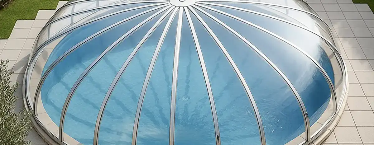 En rund pool som fått ett fint runt pooltak över vattnet som skuyddar den runda poolen från nedsmutsning