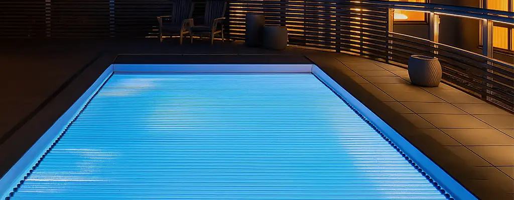 Ljuset i poolen kommer underifrån detta låga poolskydd som är transperent. Mycket smidigare än pooltak.