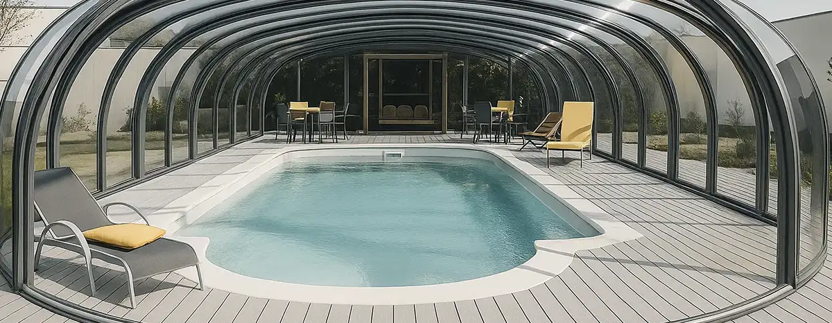 Bild inifrån ett högt pooltak som heter Sublim som förlänger badsäsongen